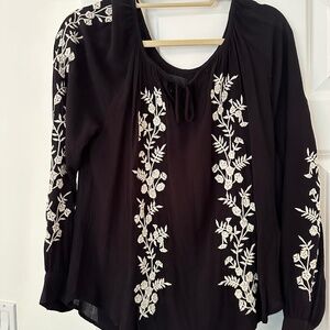 Karen Kane Black Blouse with White Embroidering